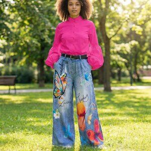 Knit Denim Statement Pants | Butterfly Print Wide Leg | S–XXL